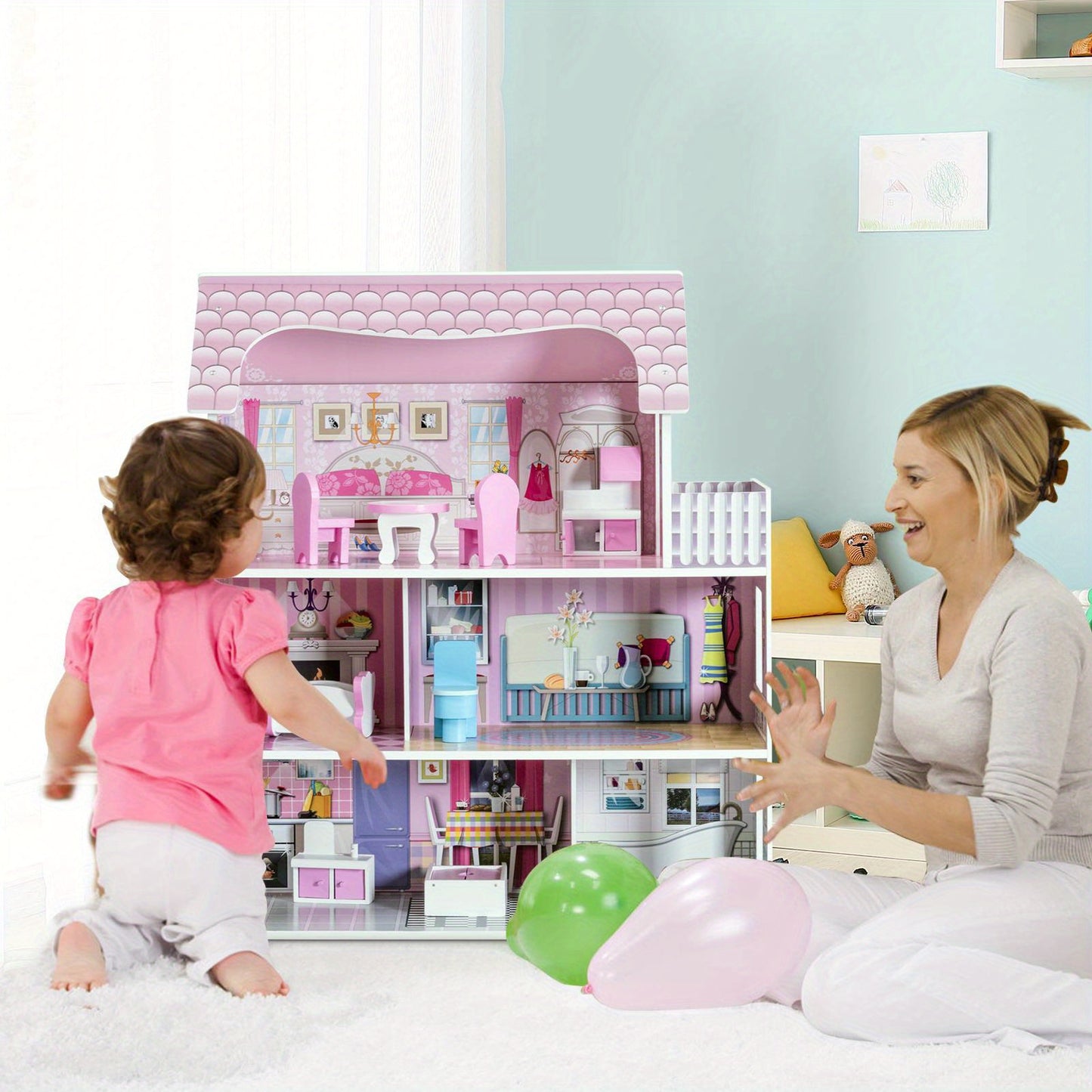 Wooden three-level dollhouse with furniture Australia