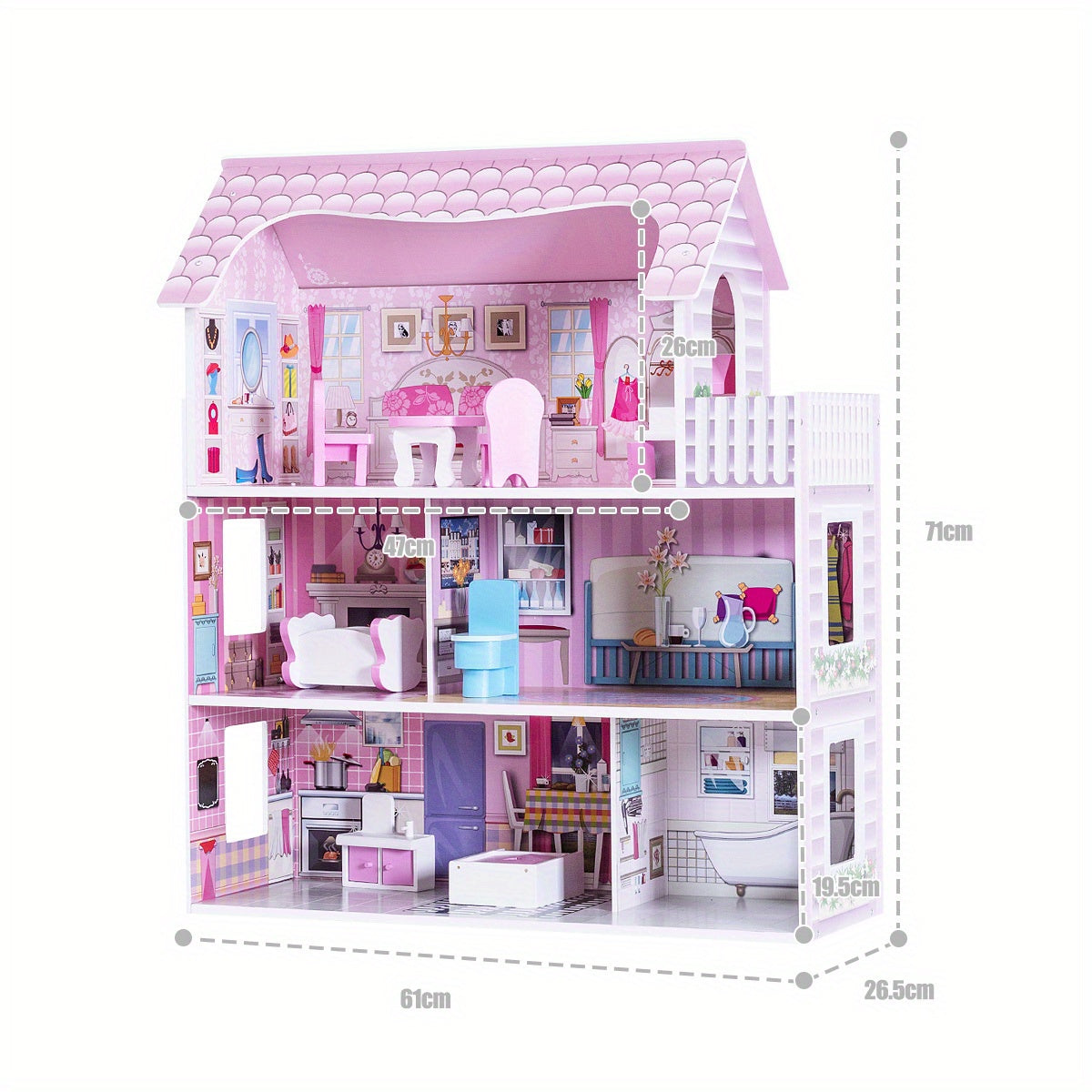 Children's 3-story pretend play dollhouse set