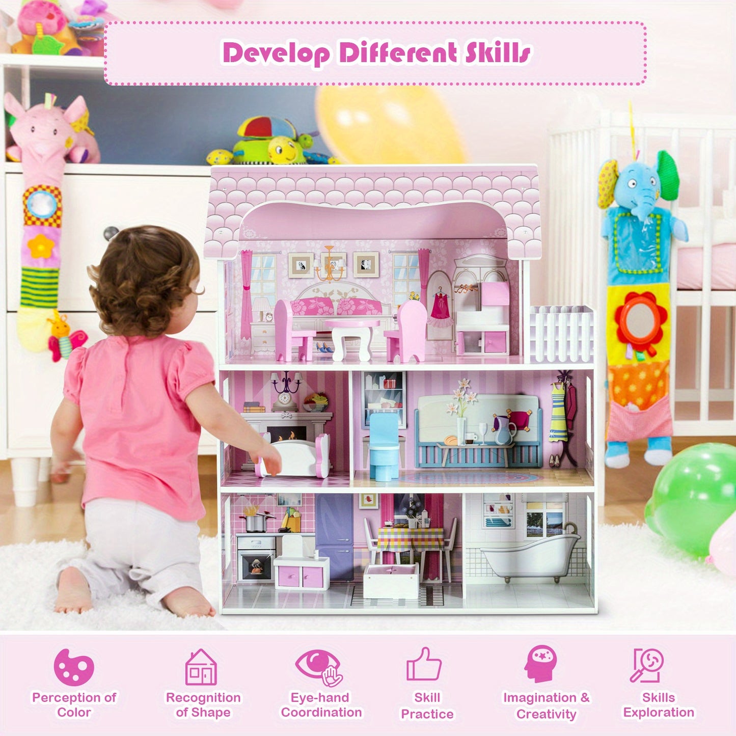 3-level wooden dollhouse with accessories Australia