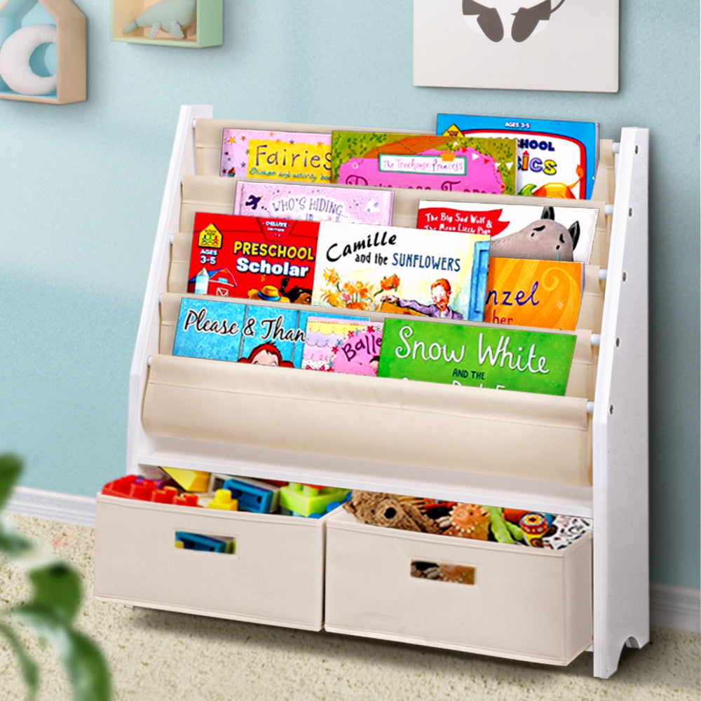 Keezi 4 Tiers Kids Bookshelf Plus Toy Storage - Milk